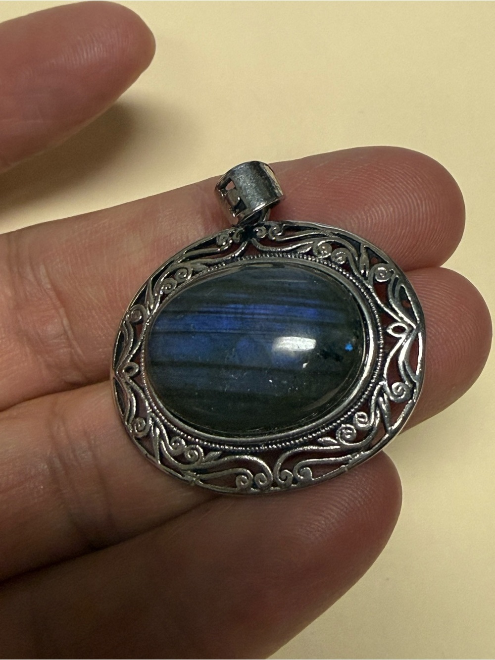 Labradorite Oval Silver Pendant - Blue Flash